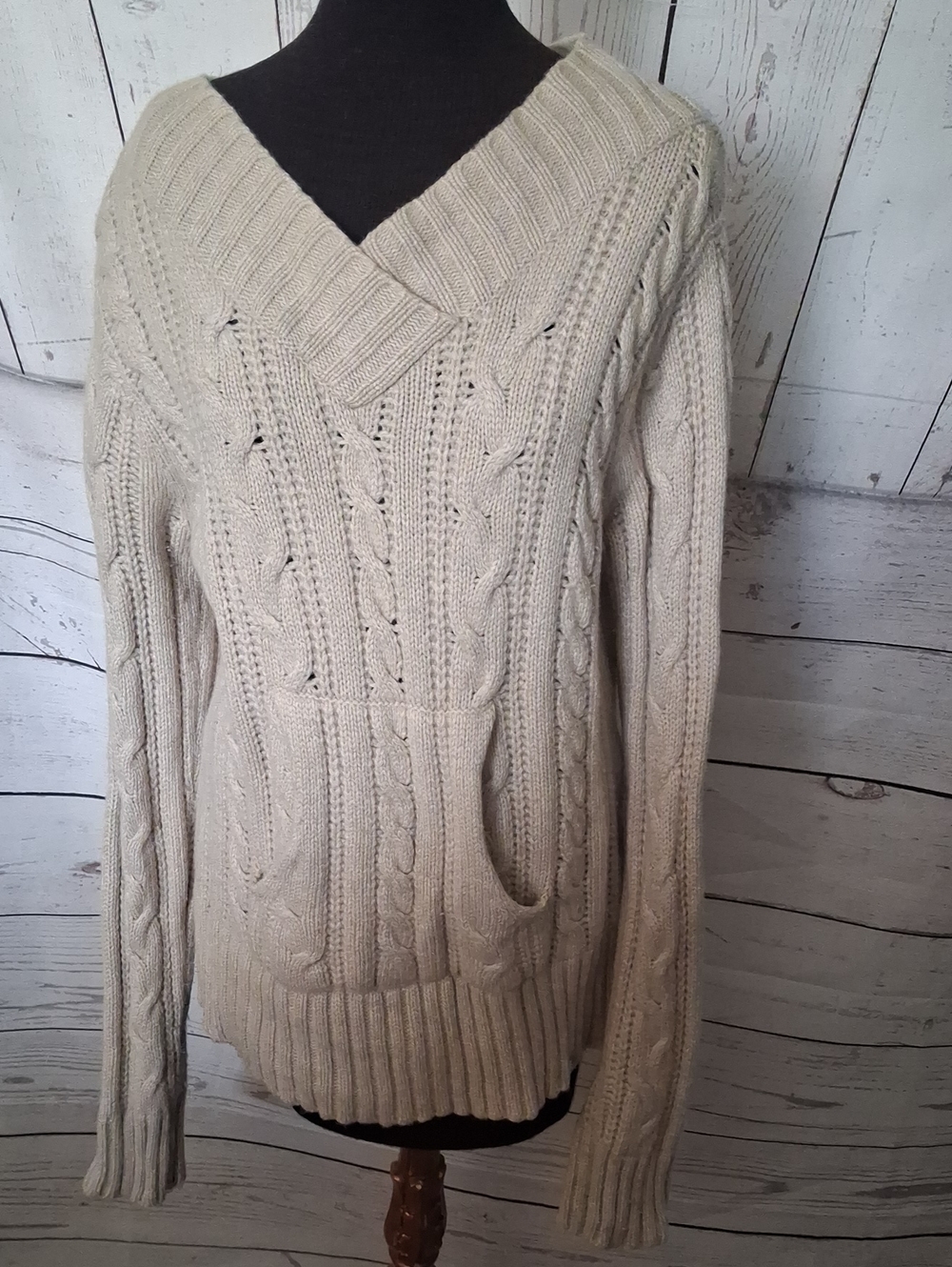Eastern Mountain Sports Women's Cream Cable Knit V-Neck Wool Sweater XL